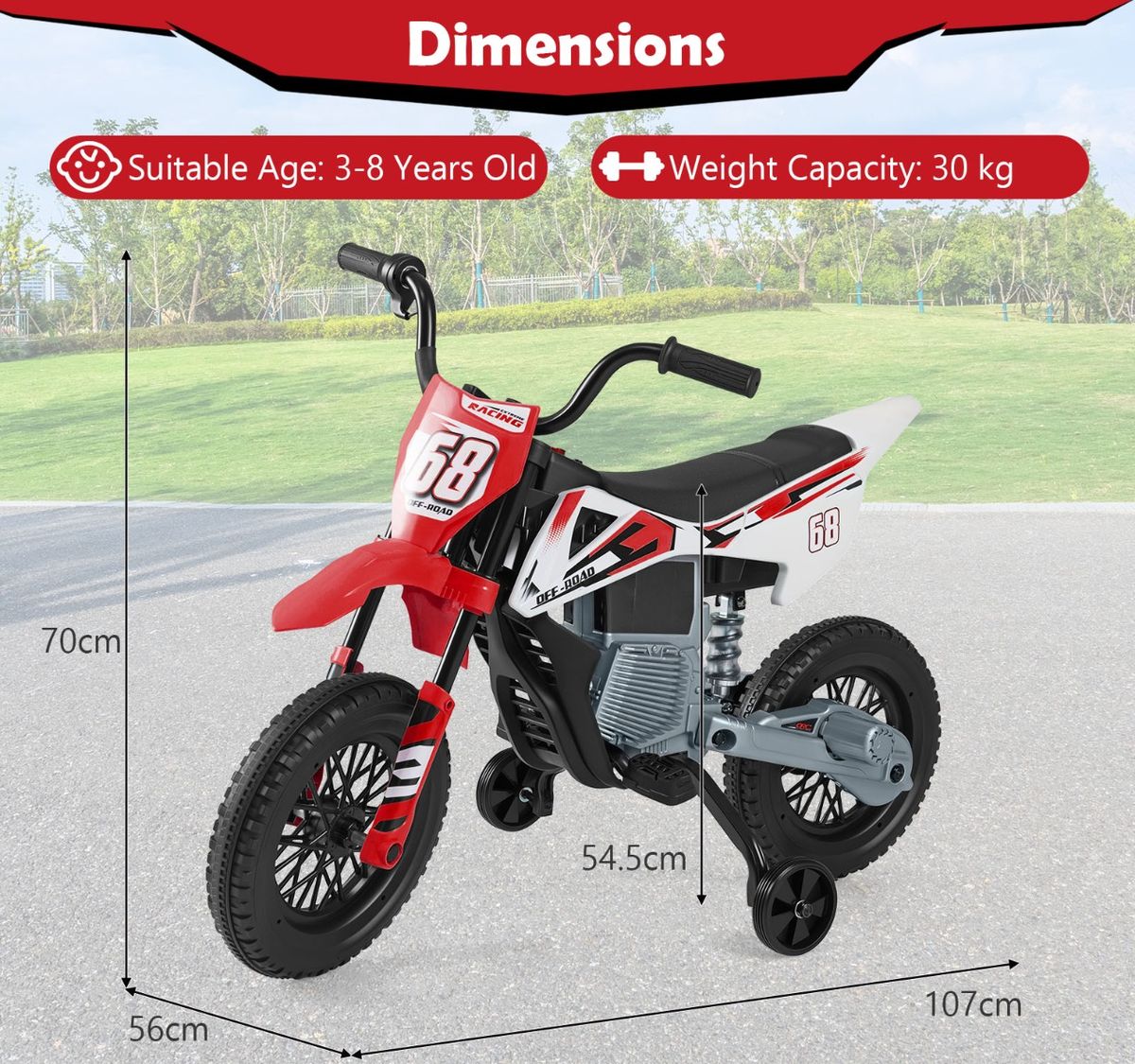 Coast Elektrisches Kinder-Motorrad – Musik und Bluetooth – Stützräder – rot