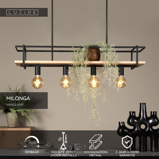 Lucide MILONGA – Hängeleuchte – 4xE27 – Schwarz – Japandi