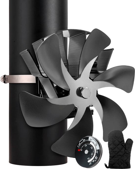 Vulpes Goods® Tech - Ofenventilator für Kaminöfen - Kaminofenventilator - Ecofan - Wärmeventilator - 6 Flügel - Inkl. Thermometer & Handschuh - PRO Version