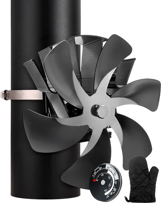 Vulpes Goods® Tech - Ofenventilator für Kaminöfen - Kaminofenventilator - Ecofan - Wärmeventilator - 6 Flügel - Inkl. Thermometer & Handschuh - PRO Version