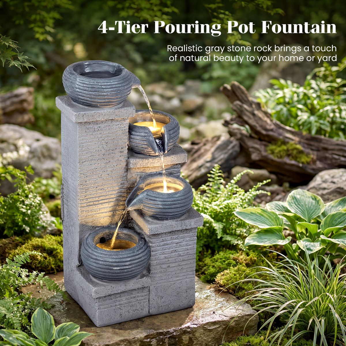 Coast Gartenbrunnen mit LED-Beleuchtung – Vierstufiger Wasserfall – Kunstharz und Glasfaser – Grau 28 x 22 x 58 cm