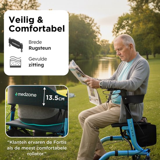 Medzone Rollator leicht und faltbar - Sitzfunktion - für drinnen und draußen - Rückenlehne und Gehstockhalterung - blau