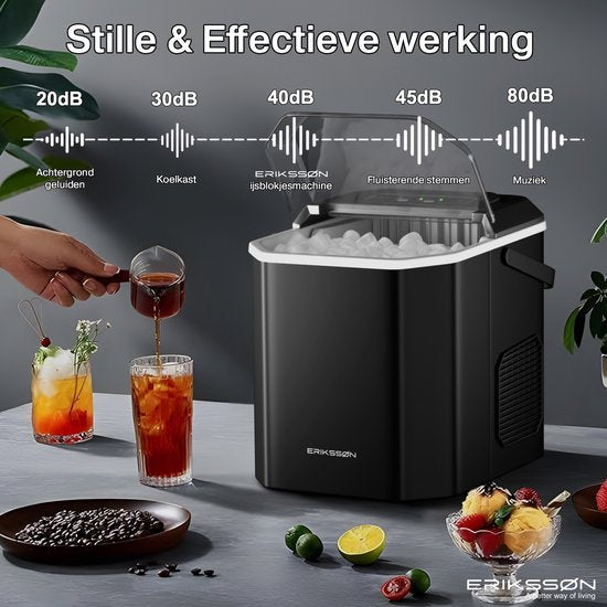 Erikssøn Eiswürfelmaschine - Eiswürfelbereiter - Inkl. Eisportionierer - 12kg/24 Std. - 9 Würfel / 6 Min. - Tragbar - Selbstreinigungsfunktion - Schwarz