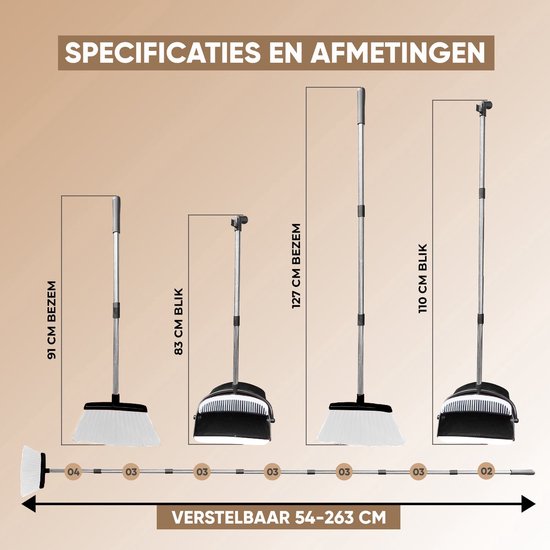 TTD® Kehrschaufel und Besen mit langem Stiel XXL - Verstellbar 54-263 cm - Besen - Besenstiel - Grau & Schwarz - Kehrschaufel und Besen - Kehrschaufel für drinnen und draußen - Integrierte Reinigungszähne
