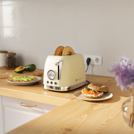KitchenBrothers Retro-Toaster - Toaster - 6 Heizstufen - 2 extra breite Schlitze - 815W - Beige