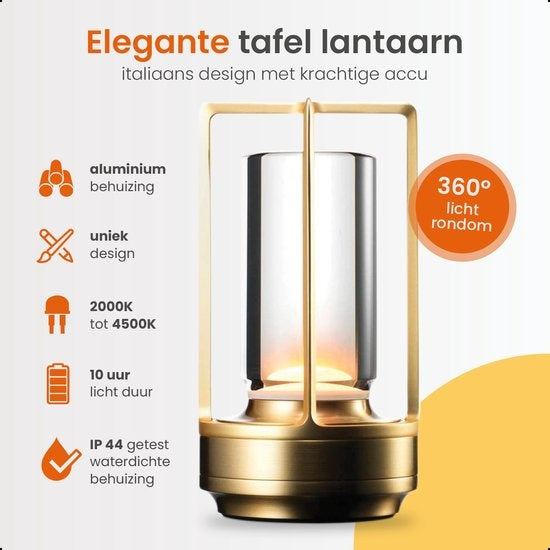 Goliving Tischlampe Wiederaufladbar - Laterne - Kabellos und dimmbar - Moderne Berührungslampe - Nachtlampe für das Schlafzimmer - 17,5 cm - Gold