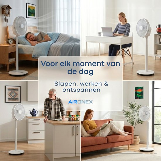Aironex Ventilator – Leiser Standventilator mit 26 Geschwindigkeitsstufen – Steuerung per App – Geringer Stromverbrauch – Weiß – Mit Aromafunktion und WLAN – Timer und Nachtmodus – Höhenverstellbar – Horizontale + vertikale Schwenkfunktion