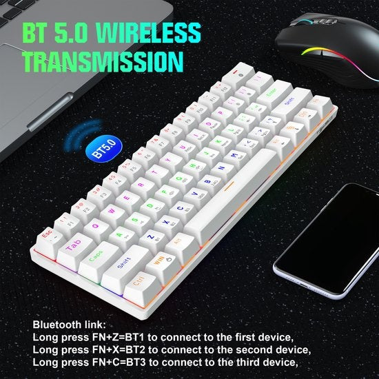 HXSJ L800 Wireless Mechanical TKL Gaming Keyboard - RGB - Wired / 2.4GHz RF / Bluetooth - QWERTY - 61 Tasten - Blauer Schalter - Weiß