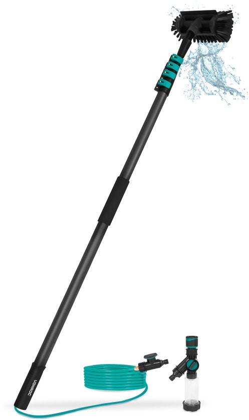 VONROC PRO 3K Vollcarbon-Teleskop-Waschbürste – 6,5 m – inkl. 5-flächigem Bürstenkopf, 9 m Wasserschlauch und Seifenspender