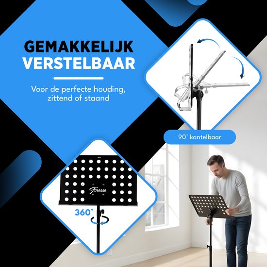 Finesse Notenständer für Noten - XL - faltbar - mit Tragetasche - Unterrichtsständer für Tablet - Schwarz
