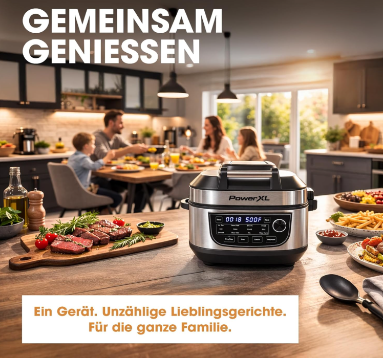 PowerXL Multi-Kocher 12-in-1 ohne Grillplatte – 5,7 l – 1200 W – Silber/Schwarz – Heißluftfritteuse und Slow Cooker