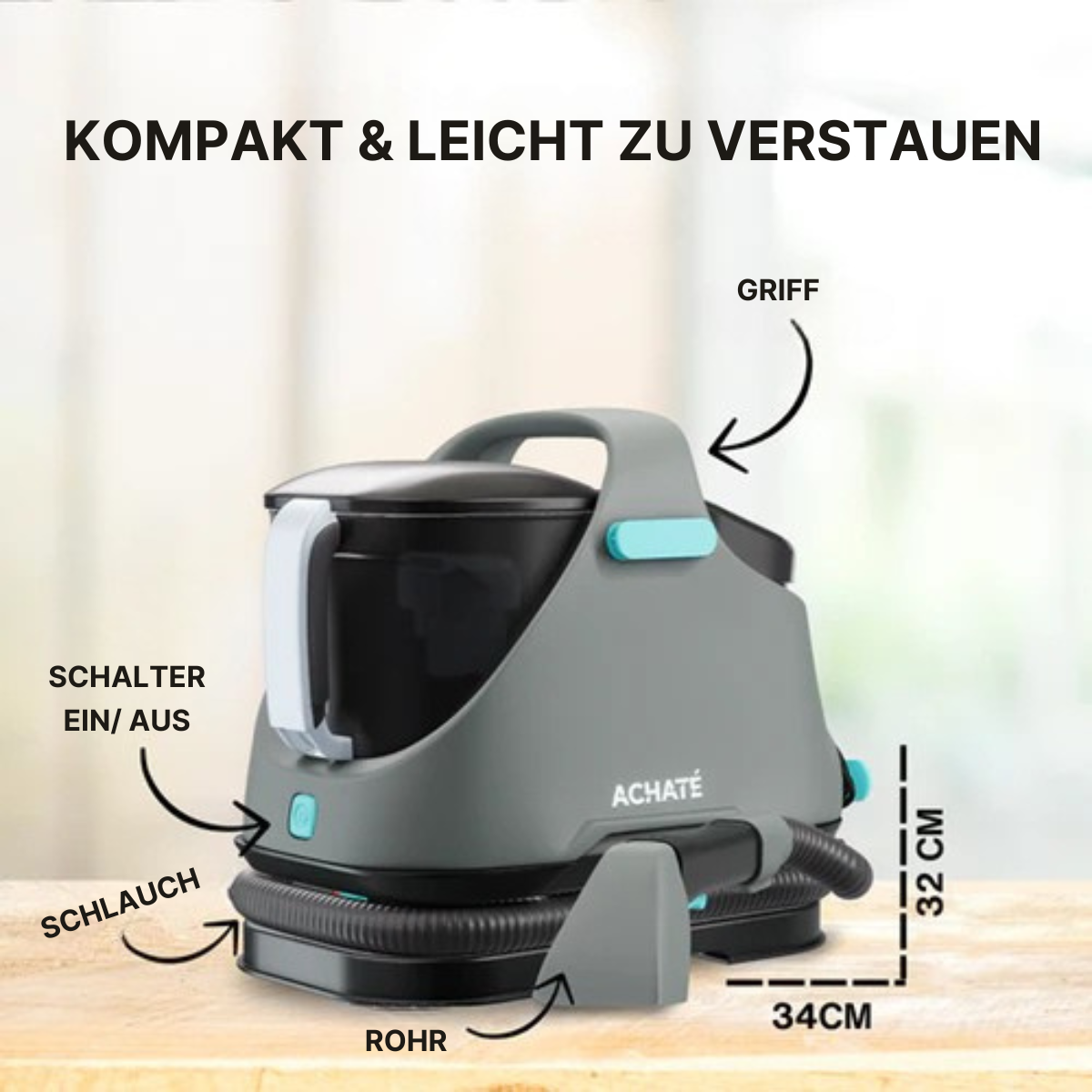 Achaté© - Fleckenreiniger - Teppich/- Sofa/- und Matratzenreiniger - 650W - 1400ml - Grau