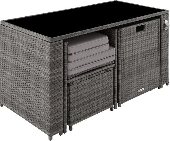 tectake - Geflechtsitzgruppe, 5-teiliges Lounge-Gartenmöbel-Set mit Tisch, Sessel und Hocker, Essgruppe für bis zu 4 Personen, Garten- und Balkonmöbel inkl. Kissen - grau - Poly-Rattan