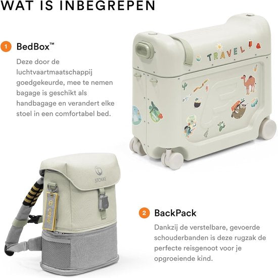 Stokke JetKids Reise-Set, Sea Green – Mit BedBox Ride-On-Koffer und Rucksack – Für Kinder von 2 bis 7 Jahren (bis 35 kg)