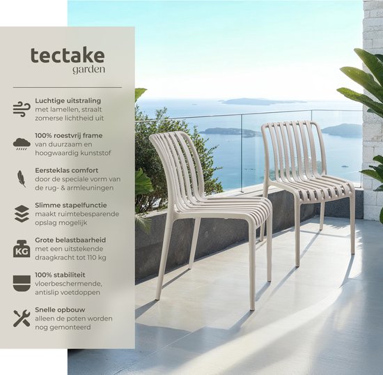 tectake® 2er Set Gartenstühle Alcudia - Taupe - Kunststoffstühle - Stapelbar - Stühle für Garten, Terrasse oder Balkon - Wetterfest und UV-beständig - Belastbarkeit 120kg pro Gartenstuhl