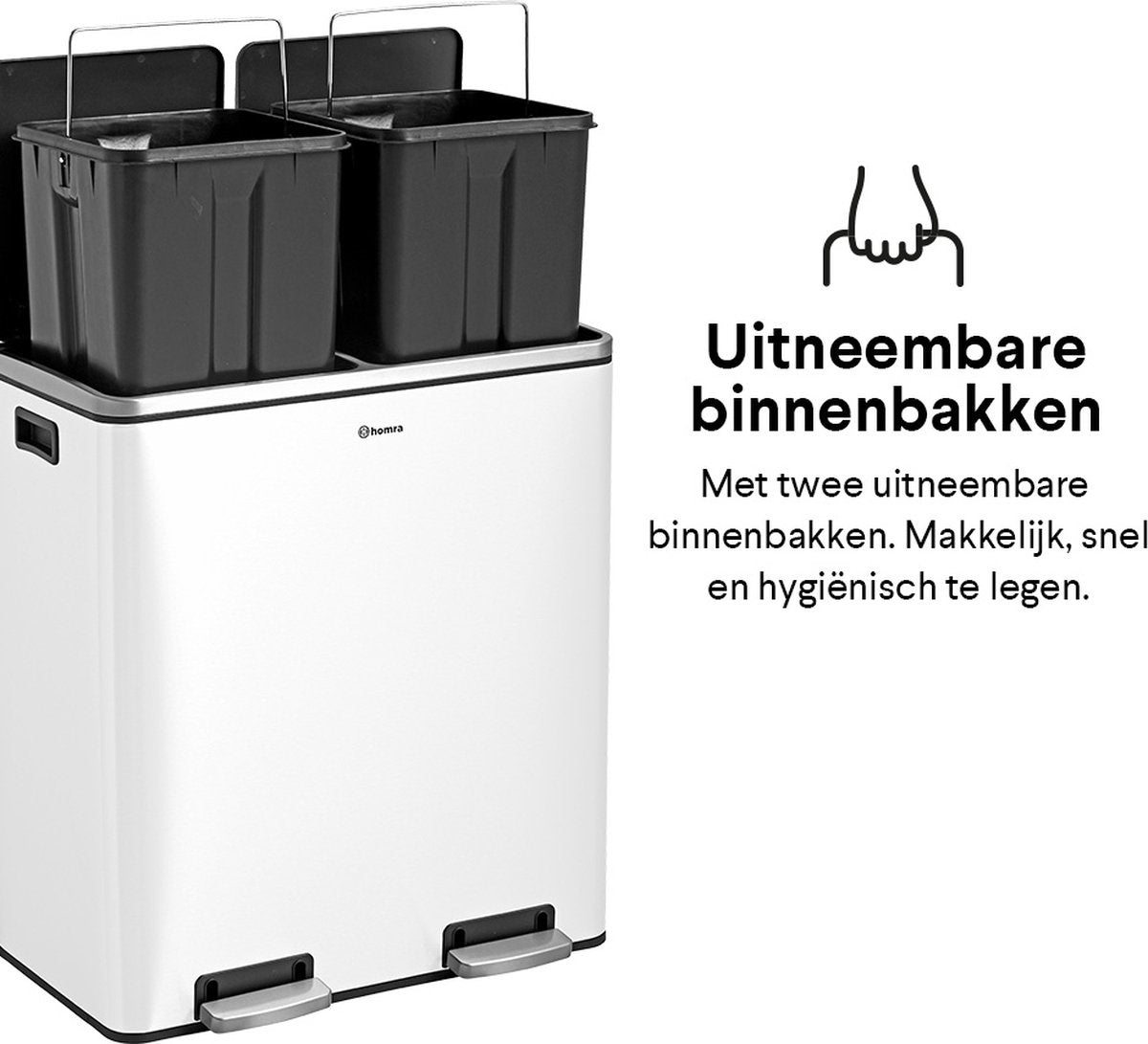 Homra QUICKX Abfalltrennbehälter 2 Fächer Weiß - 60 L (2x30 L) Tret-Abfallsammler - Design-Duo-Abfallsammler Edelstahl - Abfalltrennung - Recycling-Abfallsammler - Hygienetret-Abfallsammler - Doppelmülleimer - Küchenmülleimer - Büroabfallsammler