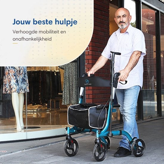 Safe Age - Rollator - leicht und faltbar - Sitzfunktion - für Innen- und Außenbereich - Rückenlehne und Gehstockhalterung