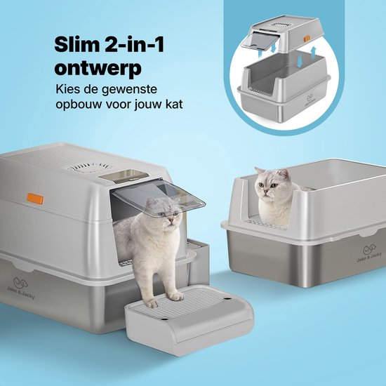 Jake and Jacky Edelstahl Katzenklo - Katzentoilette aus Edelstahl - inkl. Schaufel mit Halter und Streusammelschritt - 2 in 1 offenes Katzenklo mit abnehmbarem Deckel - 60x40x38cm