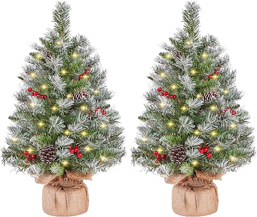 Yaheetech Mini-Kunstweihnachtsbäume 61 cm – 2er-Set – Schnee – LED-Beleuchtung