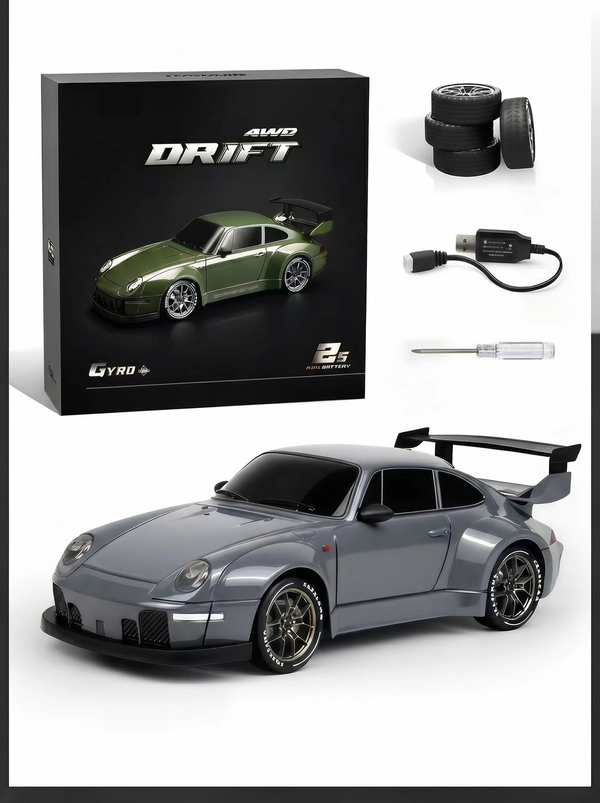 S814 RC-Drift-Auto 1:24 – Allradantrieb mit Gyrostabilisator – LED-Beleuchtung & zwei Reifensätze – Grau