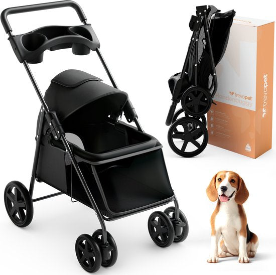 Trevopet® Hundebuggy zusammenklappbar - Kinderwagen - Buggy für kleine und mittelgroße Hunde bis 15 kg - wasserfest mit Becherhalterung - Schwarz