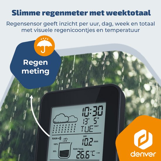 Denver Wetterstation - Innen & Außen - Hygrometer - Regenmesser - Temperatur - Wettervorhersage - Funkgesteuert - Drahtloser Außensensor - WSR560