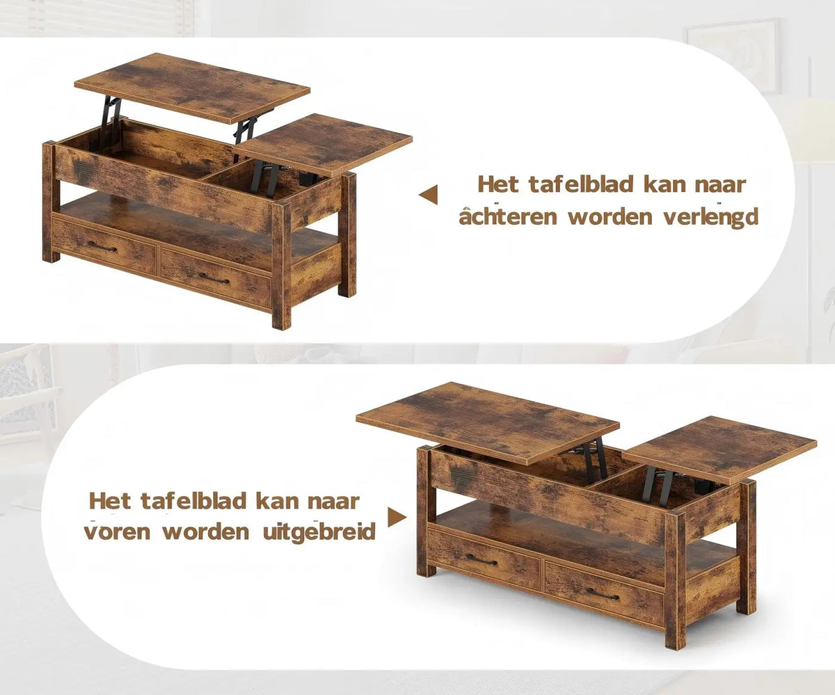 Rolanstar Couchtisch, höhenverstellbar – Dunkelbraun – 100 x 50 x 48 cm – Mit Schubladen, Stauraum