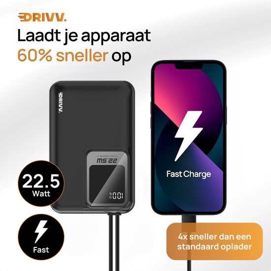 Drivv. Powerbank 20.000 mAh – Mit integriertem 8-Pin- und USB-C-Kabel – Inklusive 60-W-Ladekabel – 22,5-W-Schnellladefunktion – USB / USB-C – Notfallpaket