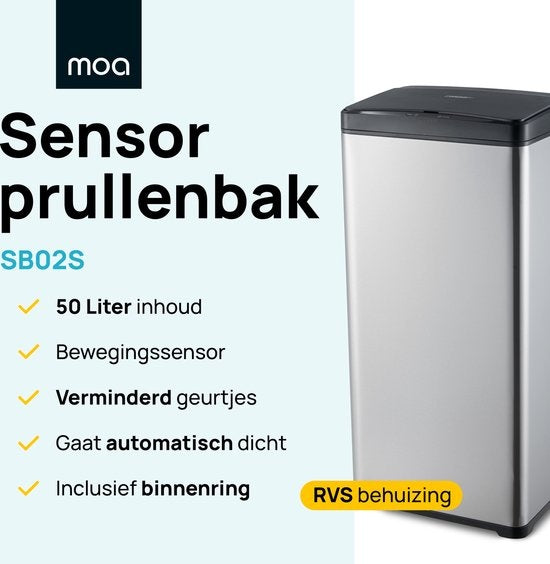MOA Sensor Prullenbak - 50 liter - RVS & duurzaam ABS - Non-slip - Geruisloze deksel - Vertraagd sluiten modus - Stainless - SB02S