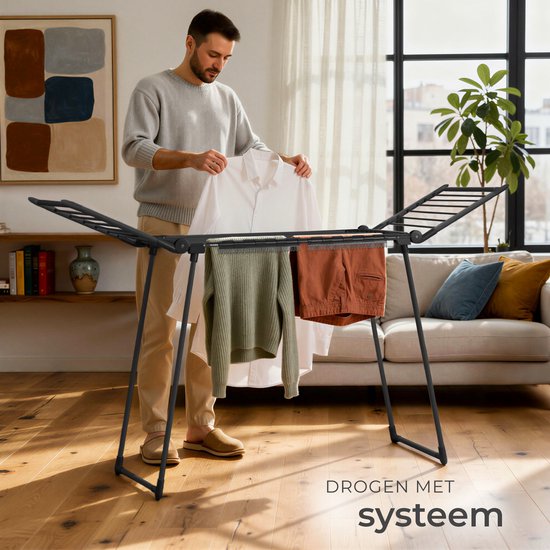 tectake® Wäscheständer – Wäschetrockner – 18 Meter Trockenlänge – zusammenklappbar – Standmodell – Wäscheständer mit 2 Halterungen für kleine Wäsche – hohe Seitenflügel für lange Kleidungsstücke – schwarz