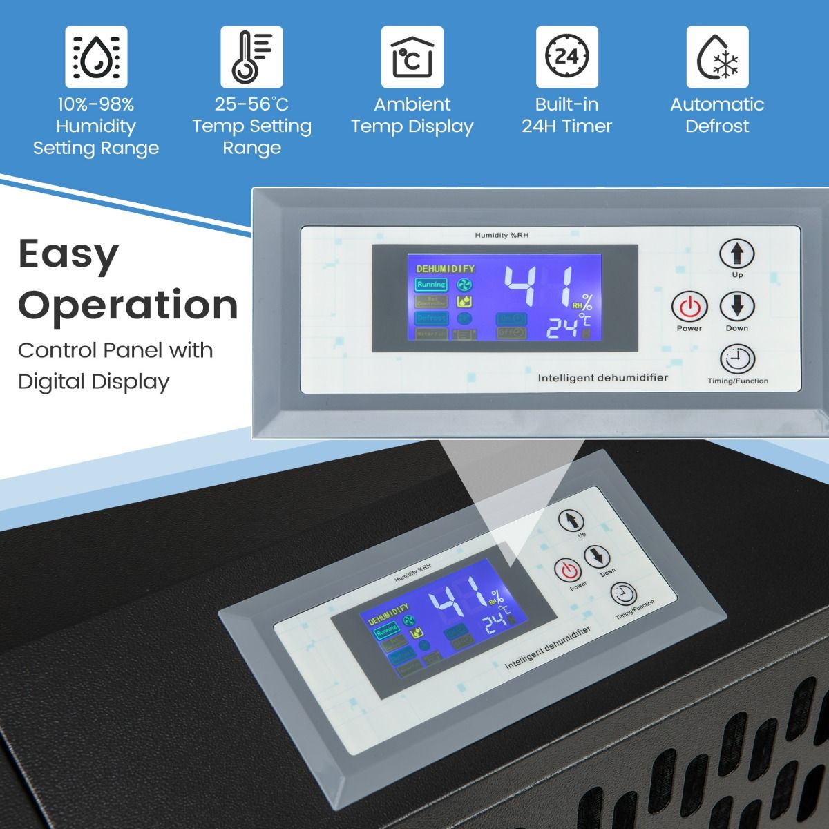 Coast Industrial Luftentfeuchter 118 L/Tag - 42,5x42x81,5 cm - Schwarz - Mit Ablassschlauch, 24h Timer & Rädern