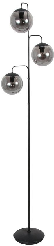 Stehlampe Bollique 4611ZW von Steinhauer – Stilvolles schwarzes Metall mit 3 rauchfarbenen Glaskugeln, Höhe 173 cm, runder Sockel 40 cm, perfekt für den Innenbereich