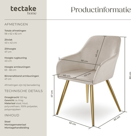 tectake® Marilyn Esszimmerstuhl - Mit Armlehnen - Eleganter Stuhl mit gepolstertem Samtsitz - Gepolstert - Goldene Metallbeine - Ergonomischer Küchenstuhl - Stuhl für Wohnzimmer, Esszimmer und Schlafzimmer - Taupe