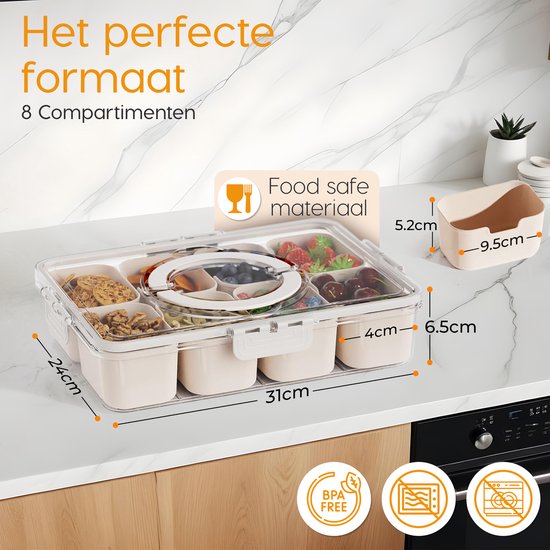 Posity Snack Box - Snack Box mit Fächern - Mit Deckel und Griff - 8 Fächer - Unterwegs - Aufbewahrungsbox - Kunststoff - Weiß