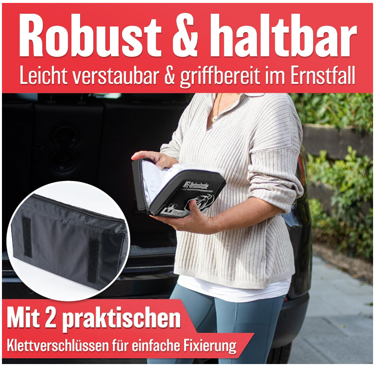 HELDENWERK - Auto-Verbandstasche & Verbandskasten - DIN 13164:2022 Standard - Kompakt - Schwarzes wasserabweisendes Nylon - Inklusive Masken & Rettungsdecke - Für Auto, Motorrad & LKW - Vorgeschrieben in Europa