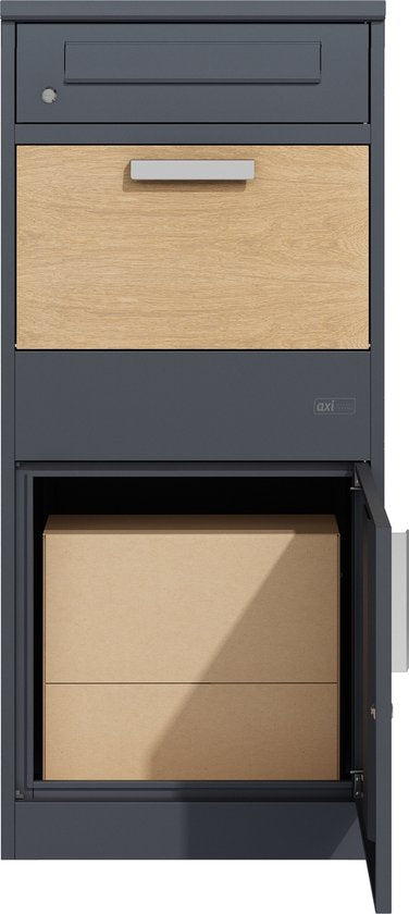 AXI Levi Paketbriefkasten aus Metall, anthrazit/Holzoptik – Paketbox für mehrere Pakete – Inklusive Schloss und separatem Fach für Post – 50,6 x 38,3 x 112 cm
