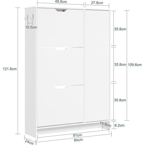 SoBuy Schuhschrank 84 x 24 x 121 cm – Weiß – 3 Klapptüren – 3 Schubladen – Platz für 12 Paar Schuhe