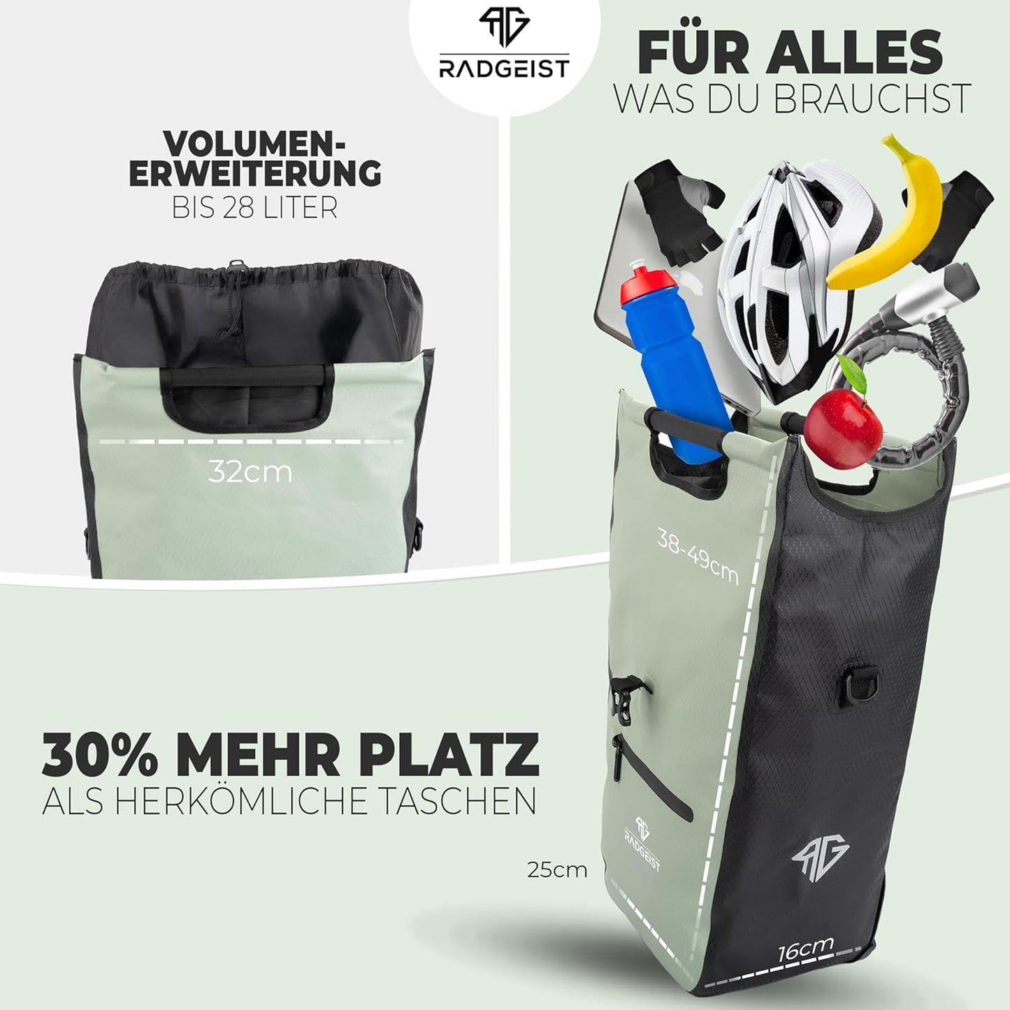 RADGEIST Fahrradtasche für Gepäckträger - Mit herausnehmbarer Kühltasche - 22-28 Liter - Grün