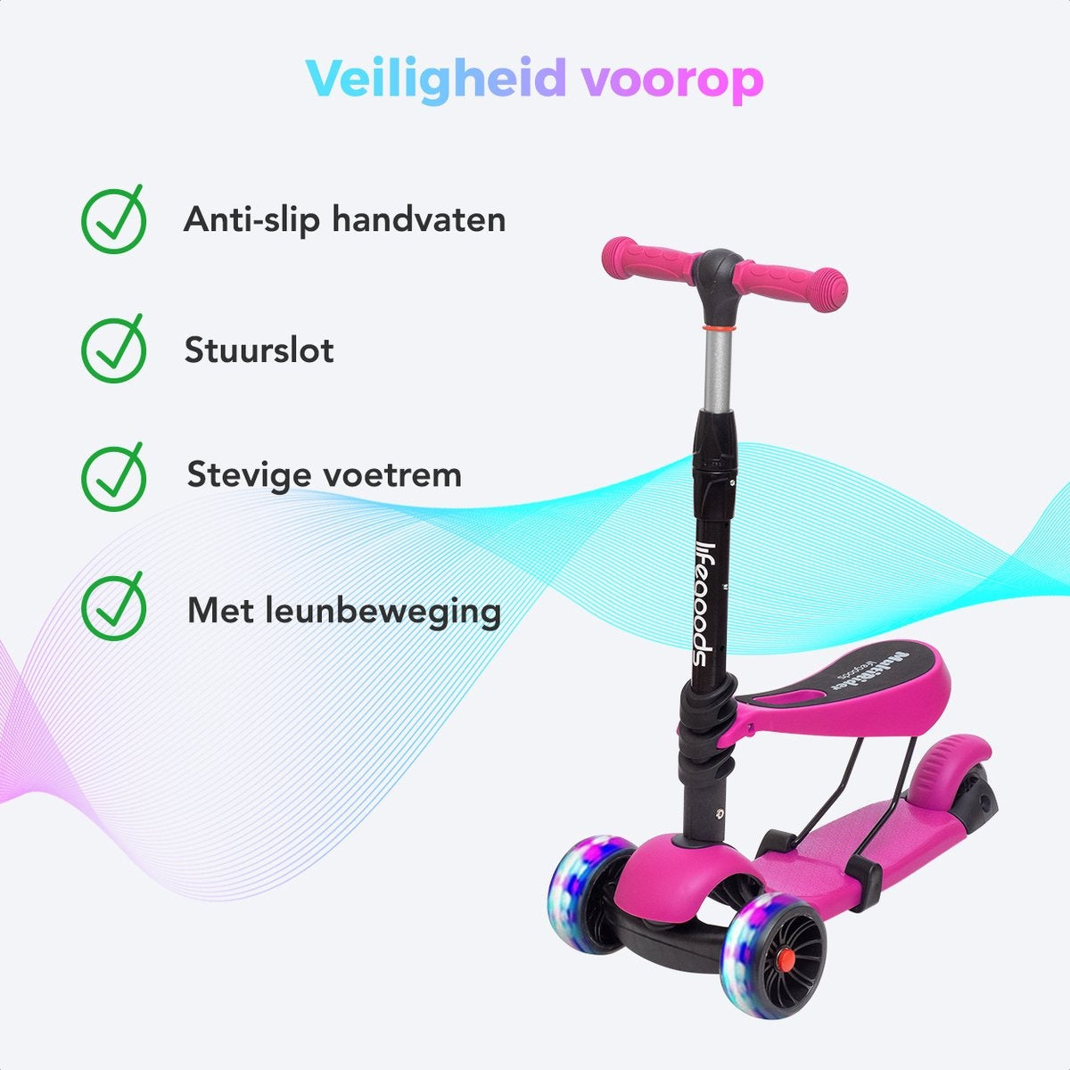 LifeGoods MultiRider Kinder-Roller - Stufe 3-8 Jahre - verstellbarer Sitz - leuchtende Räder - Jungen/Mädchen - Pink