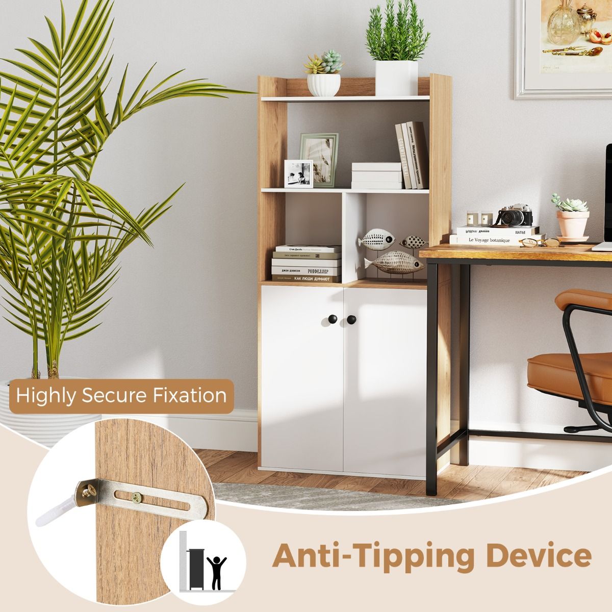 Coast Bücherregal mit Doppeltürschrank - Weiß & Natur - 3 Etagen hoher Regalboden - Freistehende Aufbewahrungsmöbel - 60 x 30 x 133 cm