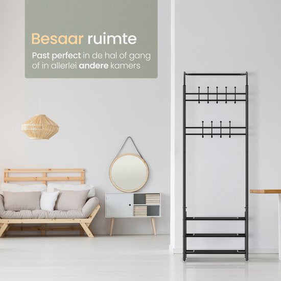 O'DADDYÂ¬Ã† Garderobenständer stehend - Garderobe mit Schuhablage - 18 Haken 2 Lagen Schuhablage 6 Paar - Garderobenständer Metall - 66 x 30 x 190 cm - schwarz
