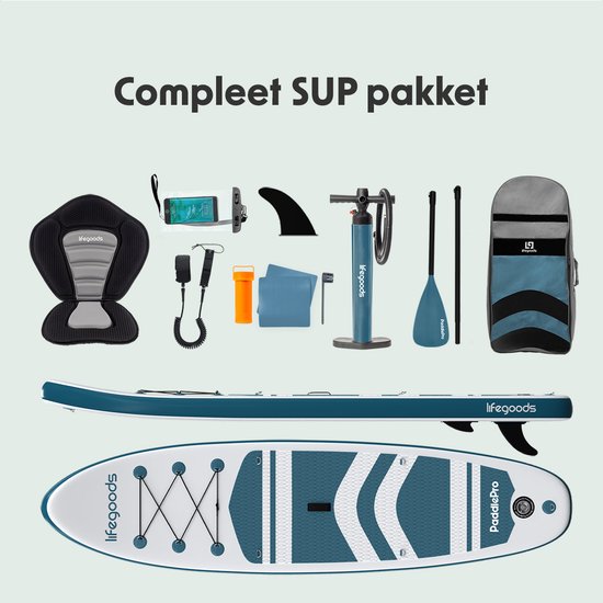 LifeGoods PaddlePro SUP Board - mit Sitz - Aufblasbares Paddle Board - Komplettset - Max. 135KG - 320x81cm - Weiß/Tief Aqua
