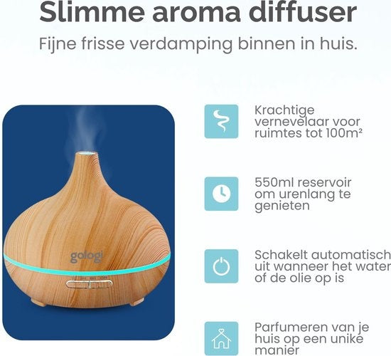 Gologi Slimme Aroma Diffuser - 550ML - Luchtbevochtiger - Geurverspreider - LED verlichting - Incl. 2 Etherische OlieÃƒÃ n - Lichtbruin