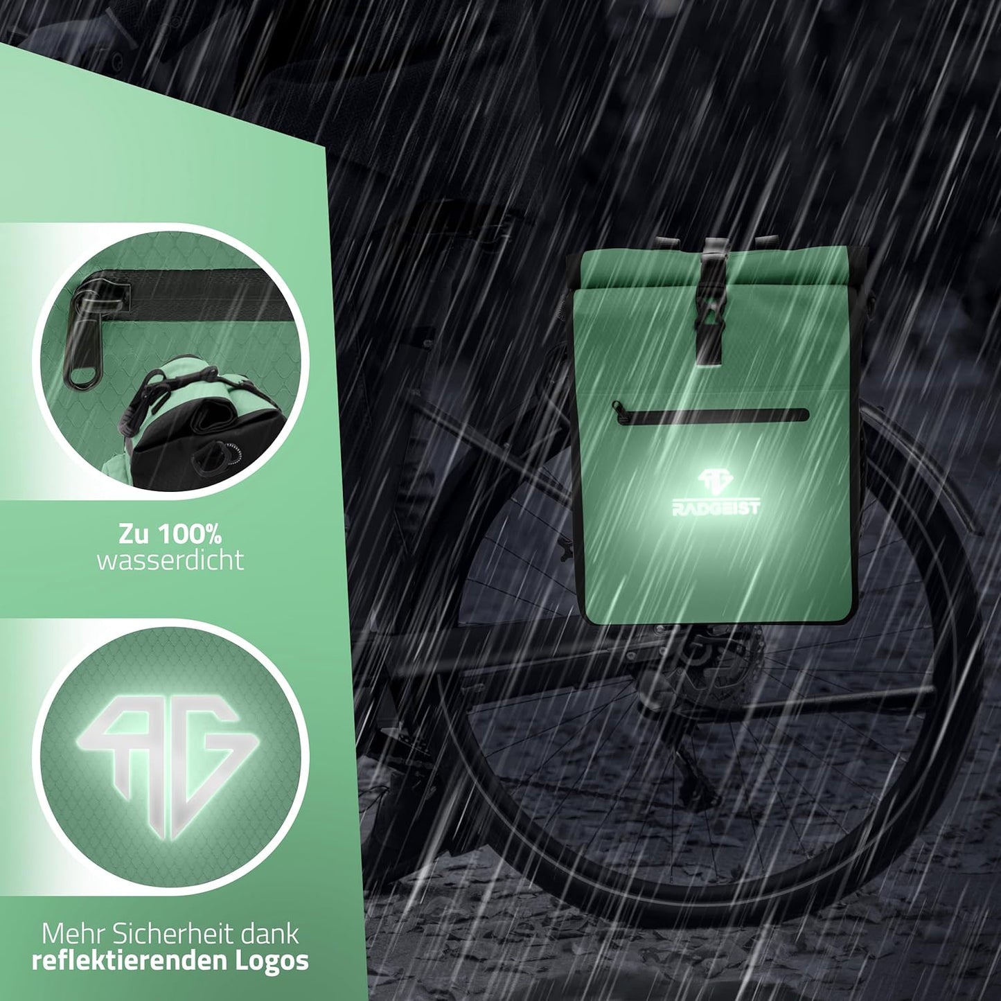RADGEIST 3in1 Fahrradtasche - Fahrradrucksack - Tragetasche - Umhängetasche - mit Laptopfach - wasserdicht - 25L - Mint