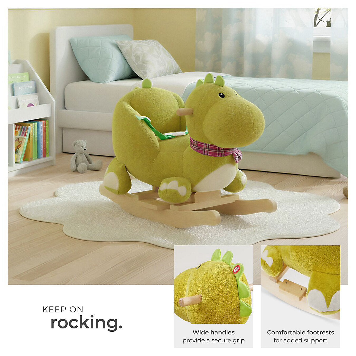 Tectake Schaukelpferd Dinosaurier 50 cm – Holz/Plüsch – Soundeffekt – Grün