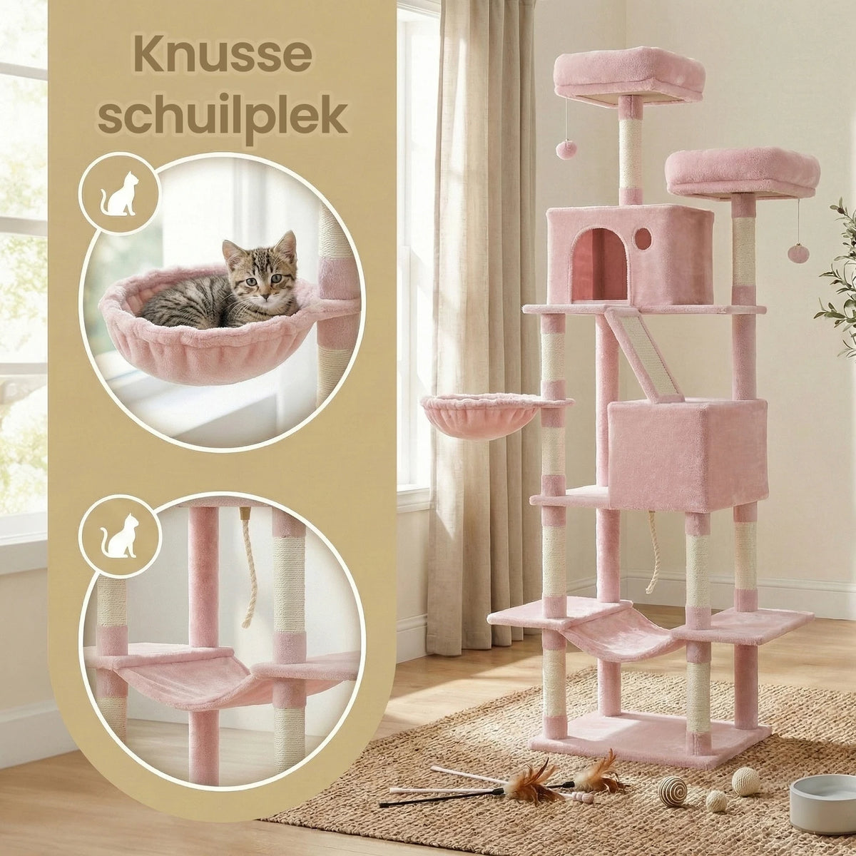 Joyfurnos Kratzbaum 206 cm – XXL-Katzenkletterturm mit 13 Kratzstämmen, 2 Katzenhäuschen und Hängematte – Rosa