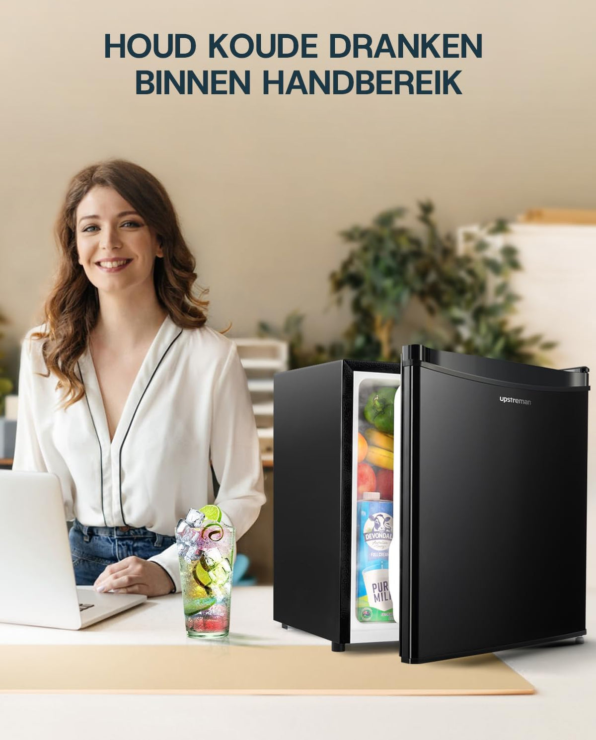 Upstreman Mini-Kühlschrank mit Gefrierfach FR17 – 46 Liter – 41 dB leise – Schwarz – Metall