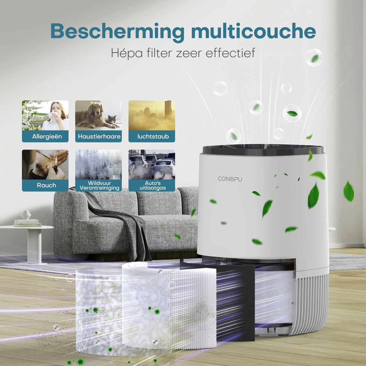 Conopu HEPA-Luftreiniger – Geruchsbeseitigungsfunktion und Timer – 17 × 17 × 26 cm