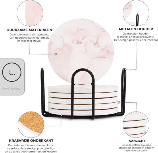 Castagnola Keramik Untersetzer mit Halter - Untersetzer für Gläser - Untersetzer Design - Untersetzer Set - Untersetzer zum Trinken - Keramik - Kork - 6er Set - Rosa/Weiß