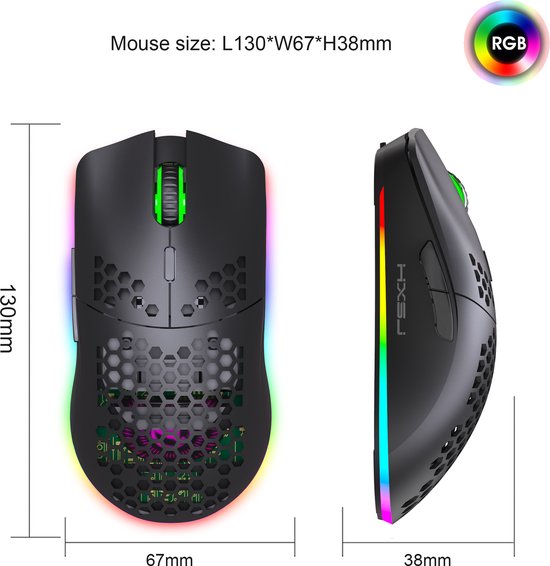 HXSJ T66 - Kabellose Gaming-Maus - Computermäuse - Ultraleicht - RGB-Beleuchtung - Schwarz